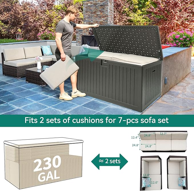 YITAHOME XXL 230 Gallon Large Deck Box,Outdoor Storage for Patio Furniture Cushions,Garden Tools with Flexible Divider,Waterproof,Lockable (Light Brown) - Image 5