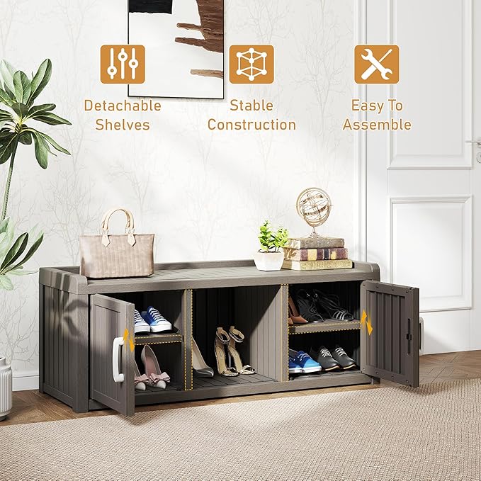2-Tier Storage Bench, Waterproof UV-Resistant Outdoor Shoe Storage Cabinet with 2 Doors & Adjustable Shelves for Indoor Outdoor Entryway, Hallway, Living Room(Grey) - Image 6