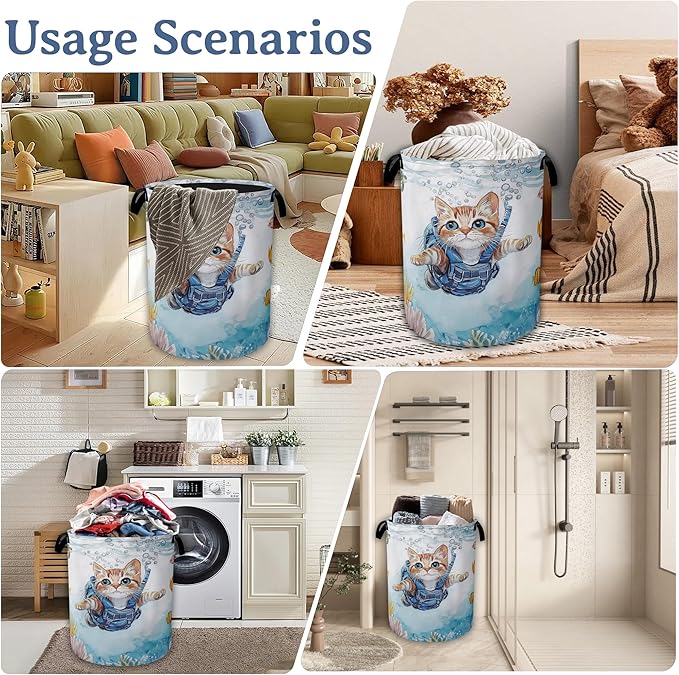 Cute Cat Laundry Basket, Foldable Oxford Cloth Sea Turtle Fish Coral Laundry - Image 7