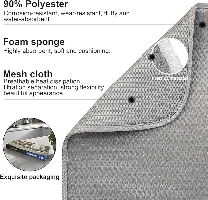 2-Pack Light Gray Dish Drying Mats 17” x 24” – XL Kitchen Drying Mat - Image 4
