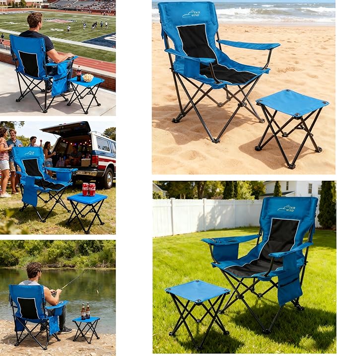 FAIR WIND Oversized Padded Camping Chair with Footrest Stool Heavy Duty Cooler Bag Chair for Fishing, Tailgating, Sports Games, Backyard - Support 300 LBS Blue - Image 6