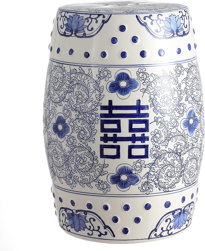 JONATHAN Y TBL1013A Double Happiness 18" Chinoiserie Ceramic Drum Indoor/Outdoor Garden Stool Bohemian, Coastal, Classic, Cottage, French Country, Traditional, Bathroom, Garden Room, Patio, Blue/White by JONATHANY