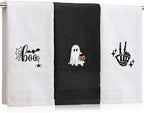 3 Pcs Halloween Hand Towels for Bathroom, Boo Ghost Black White Embroidered by SmoothNovelty