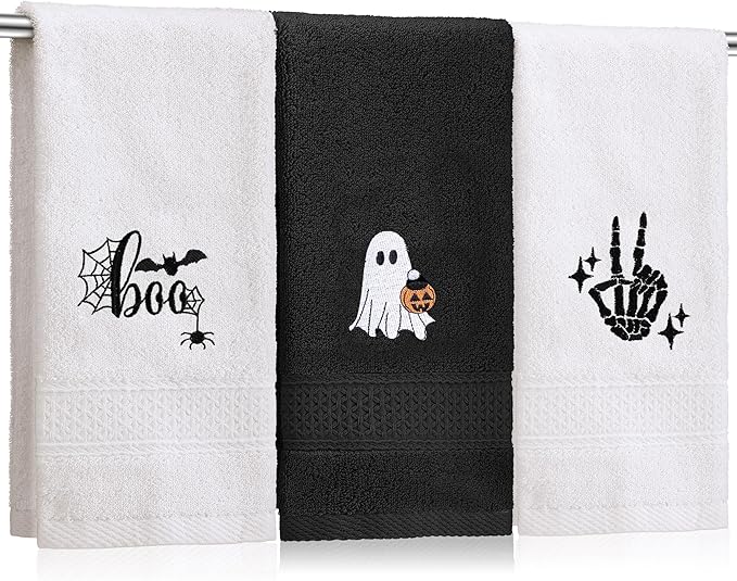 3 Pcs Halloween Hand Towels for Bathroom, Boo Ghost Black White Embroidered by SmoothNovelty