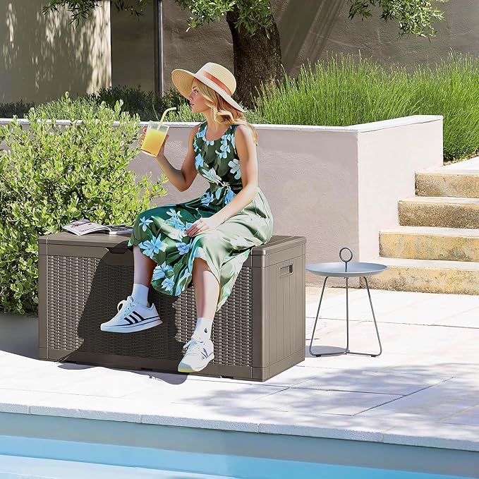 Devoko 97 Gallon Deck Box, Waterproof Resin Outdoor Storage Box for Outside and Patio, Large Outdoor Storage Bench Cabinet Lockable for Patio Furniture, Garden Tools and Pool Supplies (Brown) - Image 2