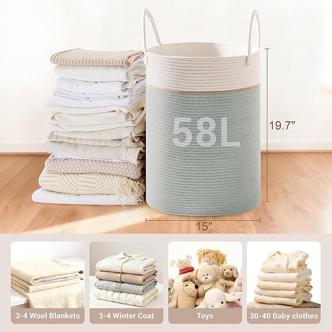 Tall Laundry Basket with Handles, 58L Portable Dirty Clothes Hamper, Boho - Image 2