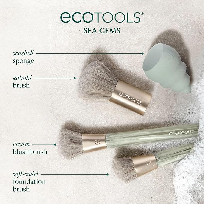 EcoTools Sea Gems Face Makeup Brush & Sponge 4 Piece Set, Eco-Friendly Makeup - Image 3