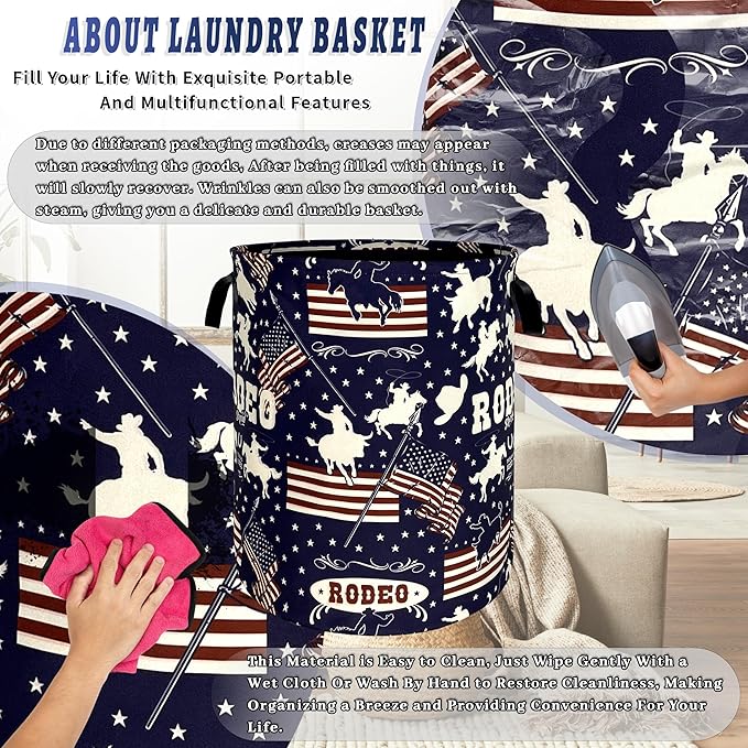 Western Cowboy Laundry Hamper Foldable Oxford Cloth American Flag Laundry Basket - Image 8