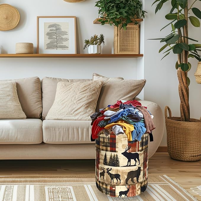 Deer Laundry Basket Portable Oxford Cloth Funny Retro Forest Animal Bears - Image 2