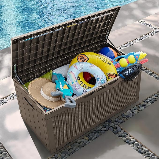 Greesum 100 Gallon Resin Patio Storage Box for Garden Tools, Outdoor Furniture Cushions, Pool Supplies, Coffee - Image 4