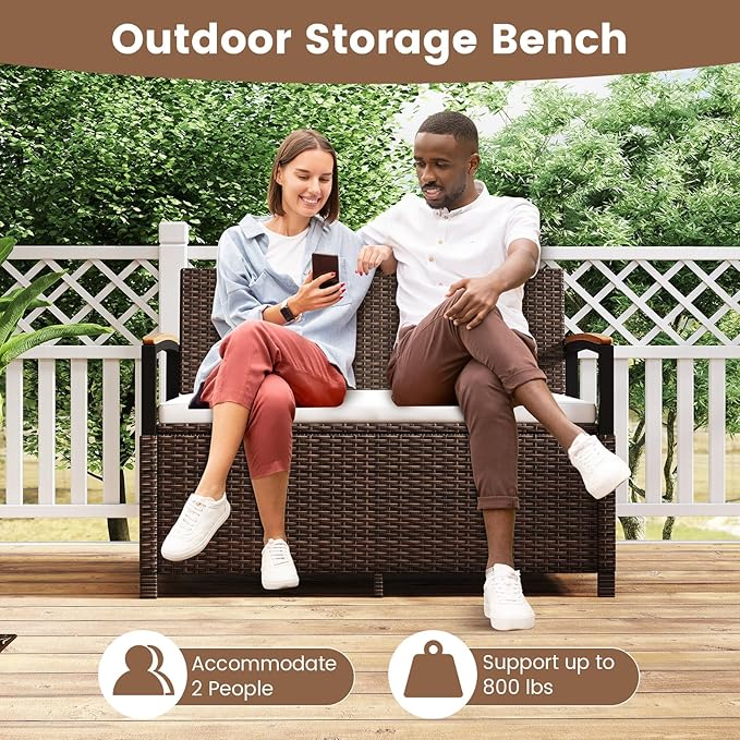 Tangkula 46 Gallon Outdoor Bench with Storage, Outdoor PE Rattan Storage Bench with Cushion, Backrest & Acacia Wood Armrests, Metal Frame, Waterproof Deck Box Seat for Porch Backyard Poolside - Image 5