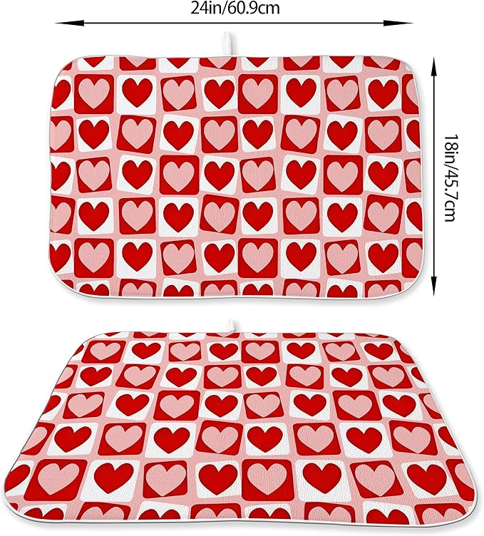 Valentines Day Dish Drying Mats 18x24 Inch Pink Red Heart Plaid Drying Mats - Image 2