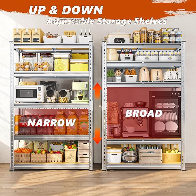 REIBII Garage Shelving, 5 Tier Storage Shelves Load 2400LBS, Adjustable Garage Shelving Heavy Duty, Metal Shelves Unit with Waterproof Columns, 35.5" W x 11.9" D x 72" H, Galvanized, 2 Pack - Image 6
