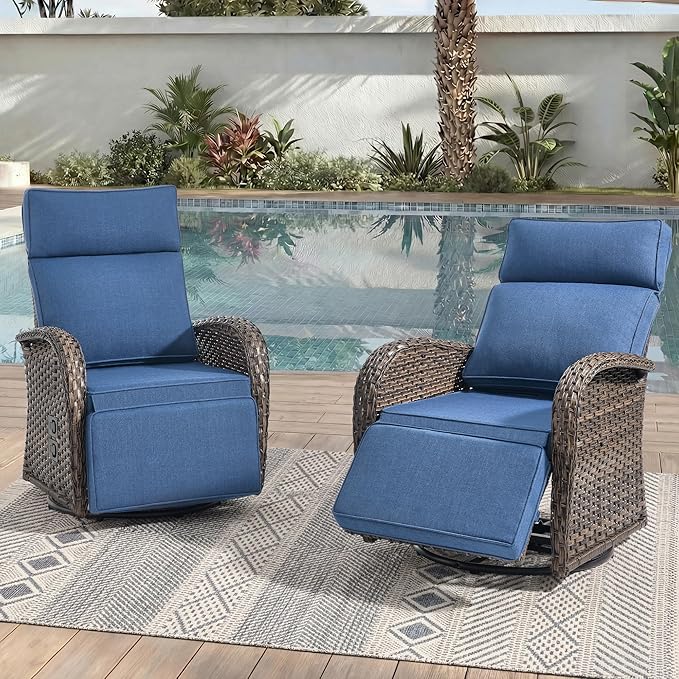 Zero Gravity Patio Swivel Rocking Recliner Chairs Set of 2 - Wicker Outdoor Lounge Chair with Adjustable Backrest & Footrest, All Weather Reclining Rocker Chairs with Thick Cushion for Pool Deck Blue by JelwalyPatioFurnitureSet