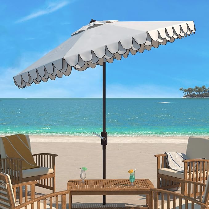 SAFAVIEH 9ft Outdoor Patio Umbrella, Round, Valance, Ivory & Navy Trim, Auto Crank Tilt, UV Resistant for Deck, Backyard, Poolside (PAT8006F) - Image 6