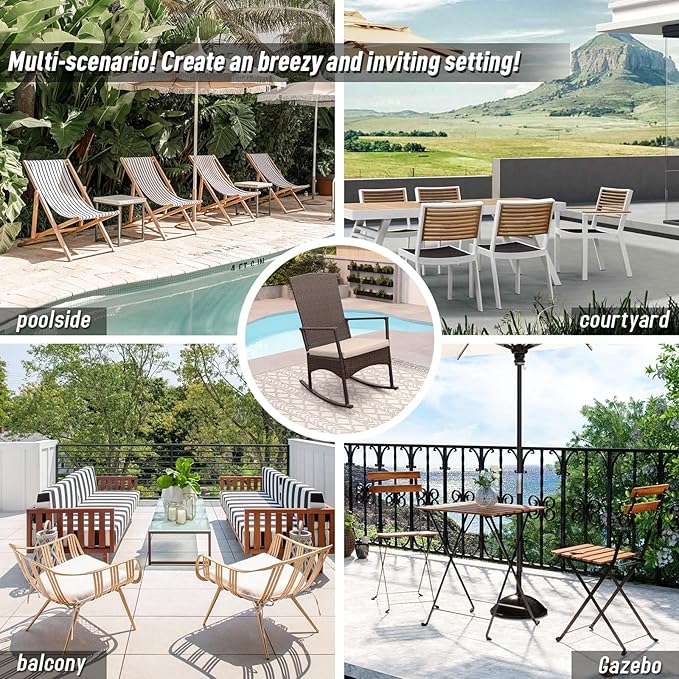 Outdoor Rocking Chair 3 Pieces High-Backed Rocking Chair Patio Rocking Chairs Outdoor Table, Khaki - Image 8