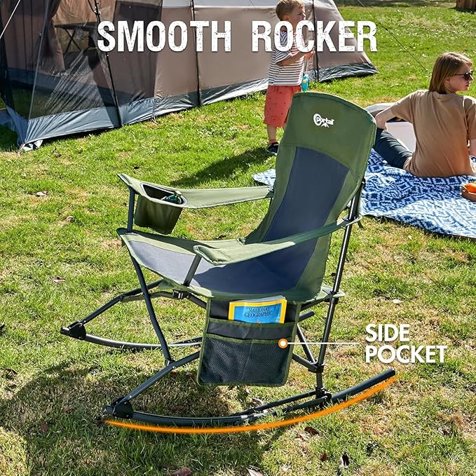 Portal Outdoor Rocking Chair Camping Folding Portable Rocker with Cup Holder Side Pocket Carry Bag, Support 350LBS (Green), 2 Pack - Image 4