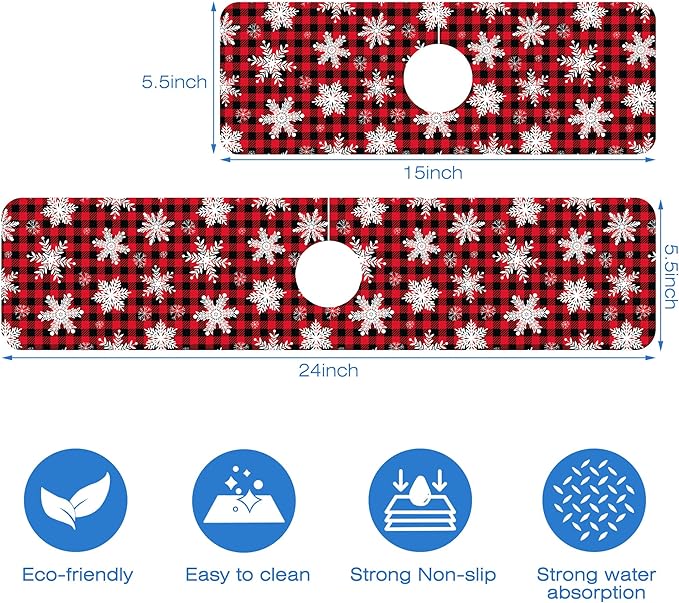 Christmas Snowflake Kitchen Sink Splash Guard Mat Buffalo Plaid Absorbent Fast - Image 3