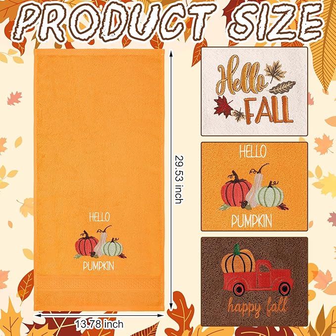 3 Pcs Fall Pumpkin Hand Towels for Bathroom Embroidered Bathroom Towels - Image 3