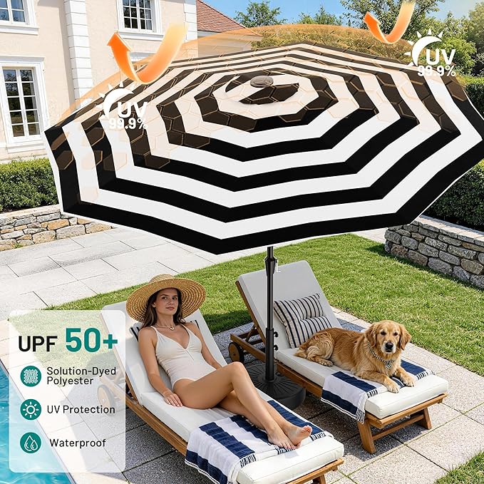 AreShark 9 FT Patio Umbrella for Outdoor, Outdoor Table Umbrella with Push Button Tilt and Crank, Outdoor Patio Umbrellas with 8 Sturdy Ribs for Market, Garden, Pool (Black & White Stripe) - Image 4