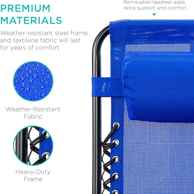 Best Choice Products Set of 2 Adjustable Steel Mesh Zero Gravity Lounge Chair Recliners w/Pillows and Cup Holder Trays - Cobalt Blue - Image 6