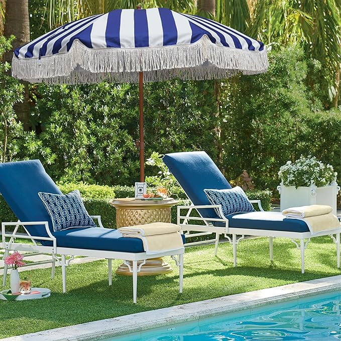 AMMSUN 7ft Patio Umbrella with Fringe Outdoor Tassel Umbrella UPF50+ Wood Color Steel Pole and Steel Ribs Push Button Tilt, Navy Stripe - Image 3