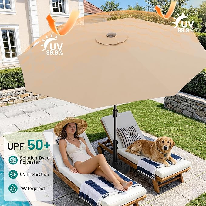 AreShark 9 FT Patio Umbrella for Outdoor, Outdoor Umbrella with Push Button Tilt and Crank, Outdoor Patio Umbrellas with 8 Sturdy Ribs for Market, Garden, Deck, Backyard, Pool (Beige) - Image 4