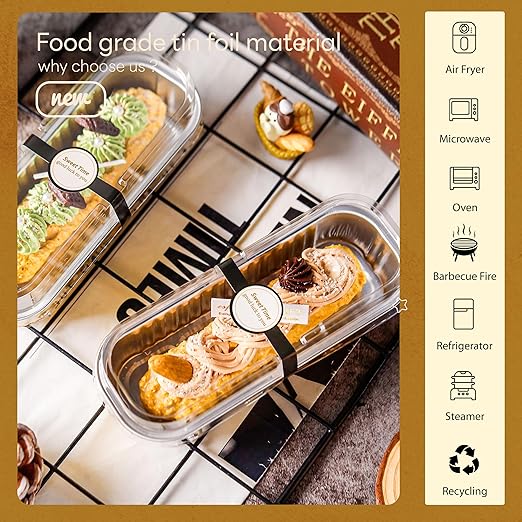 50 Pack Mini Cake Pans with Lids and Spoons Gold Rectangular Aluminum Foil - Image 4