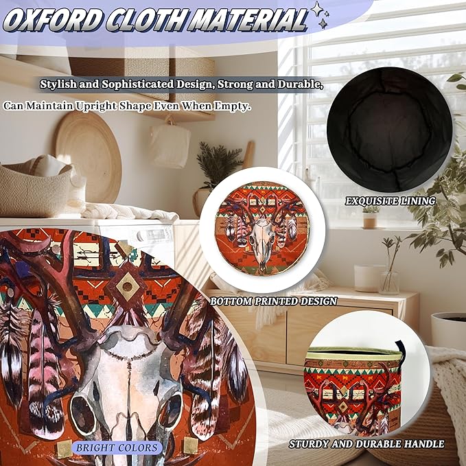 Longhorn Cattle Skull Laundry Basket Oxford Cloth Colorful Tribal Laundry Hamper - Image 6