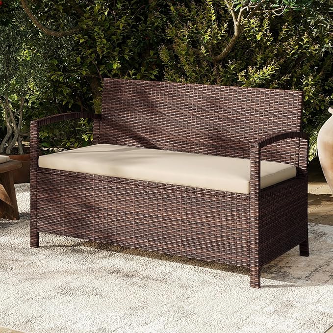 Tangkula 42 Gallon Outdoor Bench with Storage, Outdoor PE Rattan Storage Bench with Cushion, Backrest & Acacia Wood Armrests, Metal Frame, Waterproof Deck Box Seat for Porch Backyard Poolside - Image 2