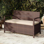 Tangkula 42 Gallon Outdoor Bench with Storage, Outdoor PE Rattan Storage Bench with Cushion, Backrest & Acacia Wood Armrests, Metal Frame, Waterproof Deck Box Seat for Porch Backyard Poolside - Image 2
