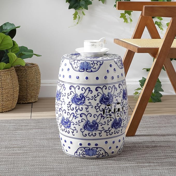 JONATHAN Y TBL1000A Lotus Flower 17.8" Chinoiserie Ceramic Drum Indoor/Outdoor Garden Stool Bohemian, Coastal, Classic, Cottage, French Country, Traditional, Bathroom, Garden Room, Patio, Blue/White - Image 7