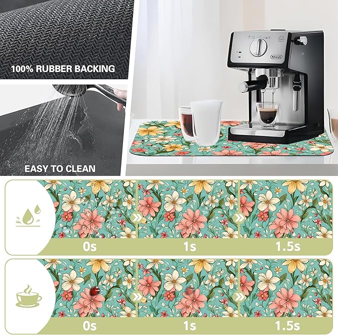 Dish Drying Mat Spring Flower Kitchen Mat 16"x24" Bsorbent Coffee Maker Mat - Image 3