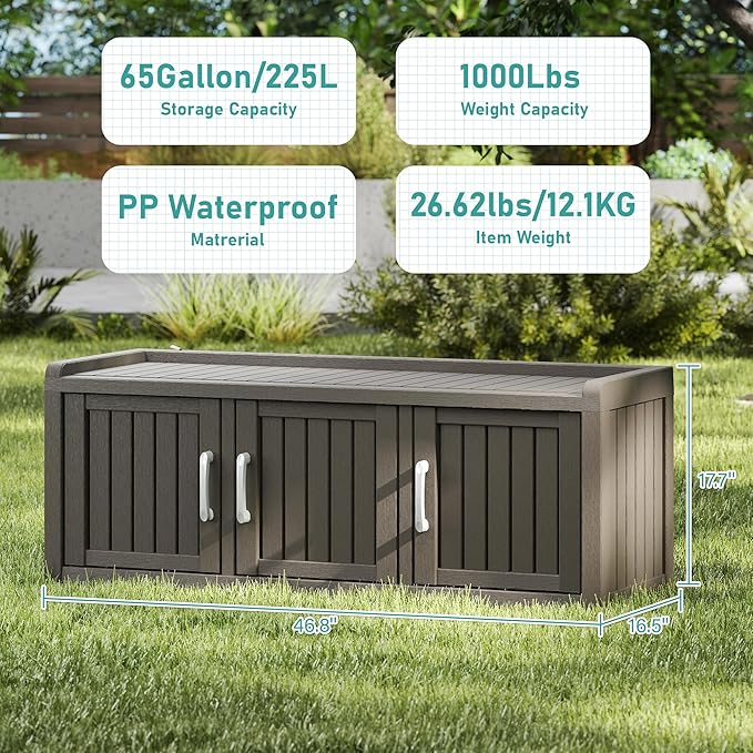 2-Tier Storage Bench, Waterproof UV-Resistant Outdoor Shoe Storage Cabinet with 3 Doors & Adjustable Shelves for Indoor Outdoor Entryway, Hallway, Living Room (Grey) - Image 3