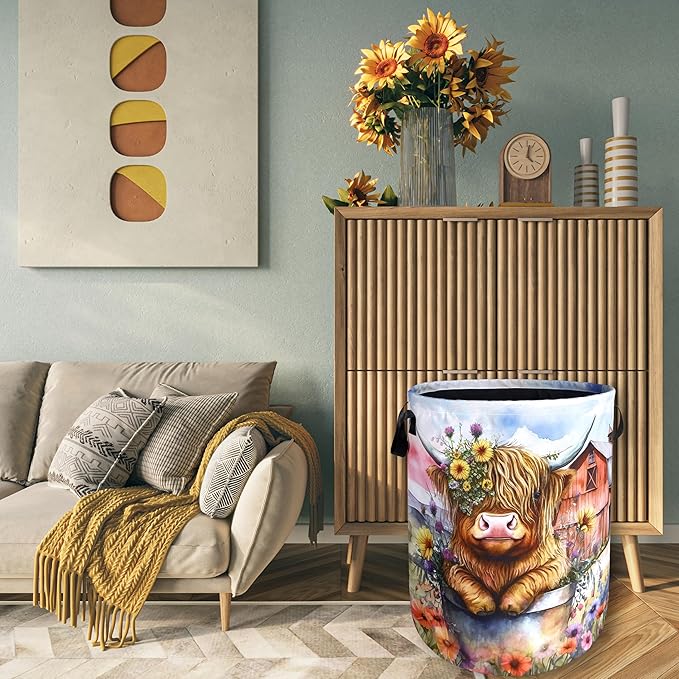 Highland Cow Laundry Basket Floral Farm Foldable Funny Laundry Hamper Oxford - Image 7