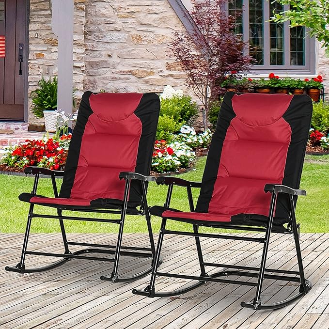Outsunny Oversized Folding Rocking Camping Chair Set of 2, Padded Outdoor Rockers with High Back and Armrests, Portable Outdoor Patio Chairs with Steel Frame for Garden, Porch, Lawn, Red - Image 2