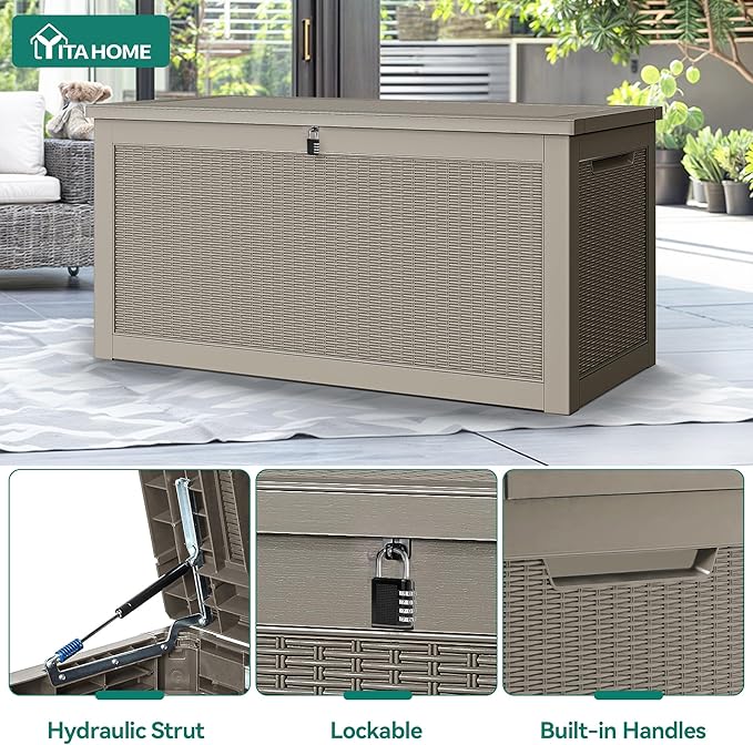 YITAHOME XXL 260 Gal Large Deck Box, Outdoor Resin Storage Box, Rattan Storage Container for Patio Furniture, Garden Tools, Waterproof, Lockable (Brown) - Image 2