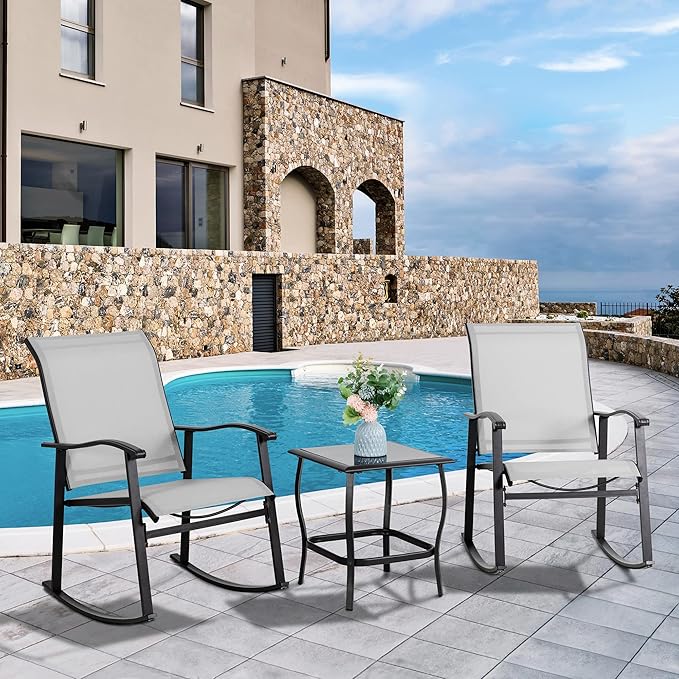 Vongrasig 3 Piece Outdoor Rocking Bistro Set, Textilene Fabric Small Patio Furniture Set, Front Porch Rocker Chairs Conversation Set with Glass Table for Lawn, Garden, Balcony, Poolside (Light Gray) - Image 2