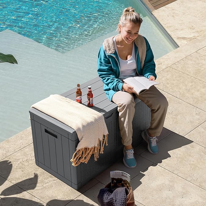 Flamaker Outdoor Storage Box 100 Gallon Waterproof Resin Deck Box Delivery Box with Air Rod Indoor Outdoor Lockable Storage Bench for Patio Cushions, Tools, Pool Accessories (Gray) - Image 7