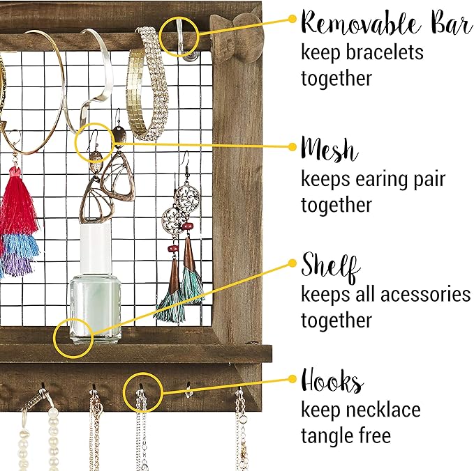 Rustic Jewelry Organizer with Bracelet Rod Wall Mounted - Image 2