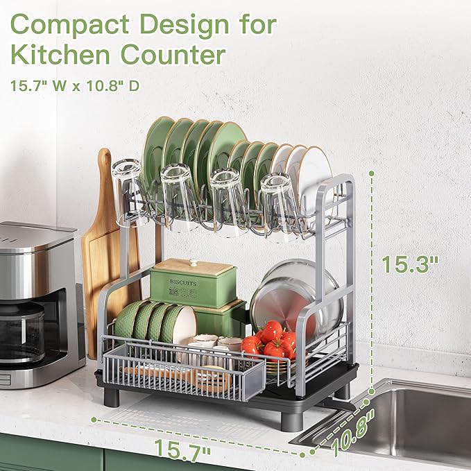 2 Tier Stainless Steel Large Capacity Dish Drainers Drying Rack - Image 7