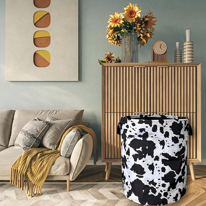 Retro Black White Cows Print Laundry Basket Foldable - Image 7