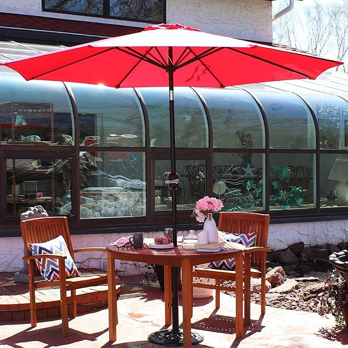 Sunnydaze Outdoor Patio Umbrella - Polyester Table Market Umbrella with Push-Button Tilt and Crank - 8 Sturdy Ribs - Red - 9ft - Image 6