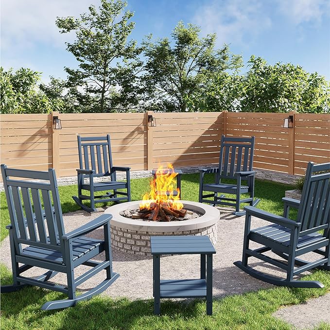 GarveeLife Poly Lumber Rocking Chair Outdoor Set of 4 with 2 Side Table - HDPE High Back Porch Rocker Chairs for Adults - All Weather Resistant Furniture for Patio - Navy Blue by GarveeLife