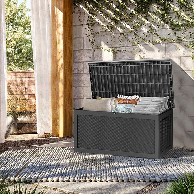 TARKARI 320 Gallon Lockable Resin Deck Box, Waterproof & UV-Resistant Outdoor Storage Box for Outdoor Cushion Storage, Garden Tools & Pool Accessories Storage, Black - Image 3