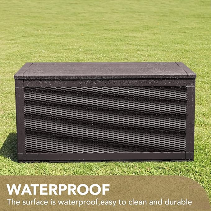 Devoko 100 Gallon Waterproof Large Resin Deck Box Indoor Outdoor Lockable Storage Container for Patio Furniture Cushions Garden Tools (100 Gallon, Dark Brown) - Image 4