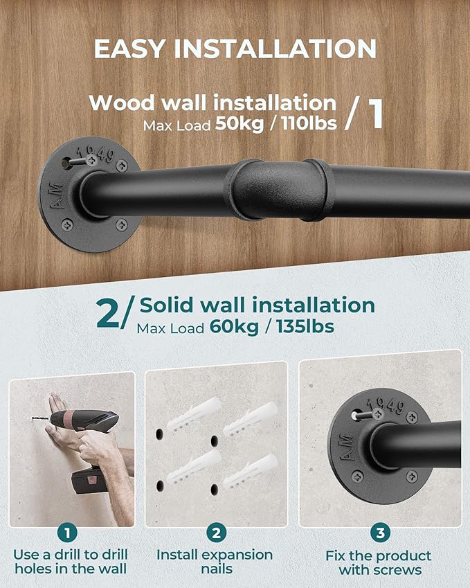 OROPY Industrial Pipe Clothes Rack Wall Mounted Set of 2, 38.4 inches Heavy - Image 6