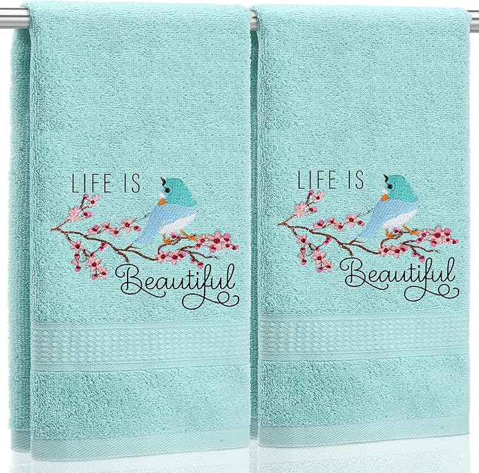2 Pcs Bird Hand Towels Mint Green Bathroom Decor 14x29 Inch Embroidered 100% by SmoothNovelty