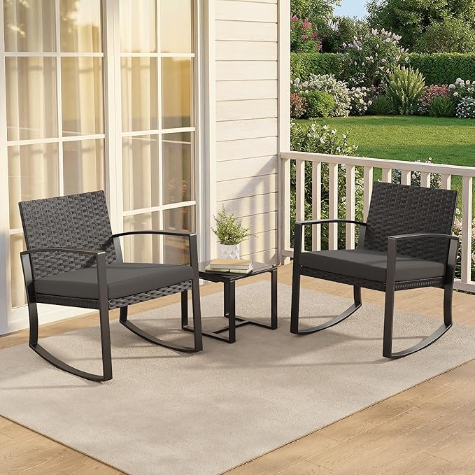 3 Pieces Patio Furniture Set Rocking Bistro Set, Outdoor Patio Furniture Set with Coffee Table for Garden Balcony Backyard Poolside (Black Cushion) - Image 7