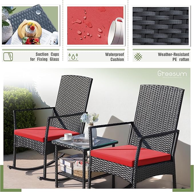 Greesum 3 Pieces Patio Furniture Set Outdoor Wicker Rocking Chairs with Glass Coffee Table for Garden Backyard Porch Poolside, Red - Image 7